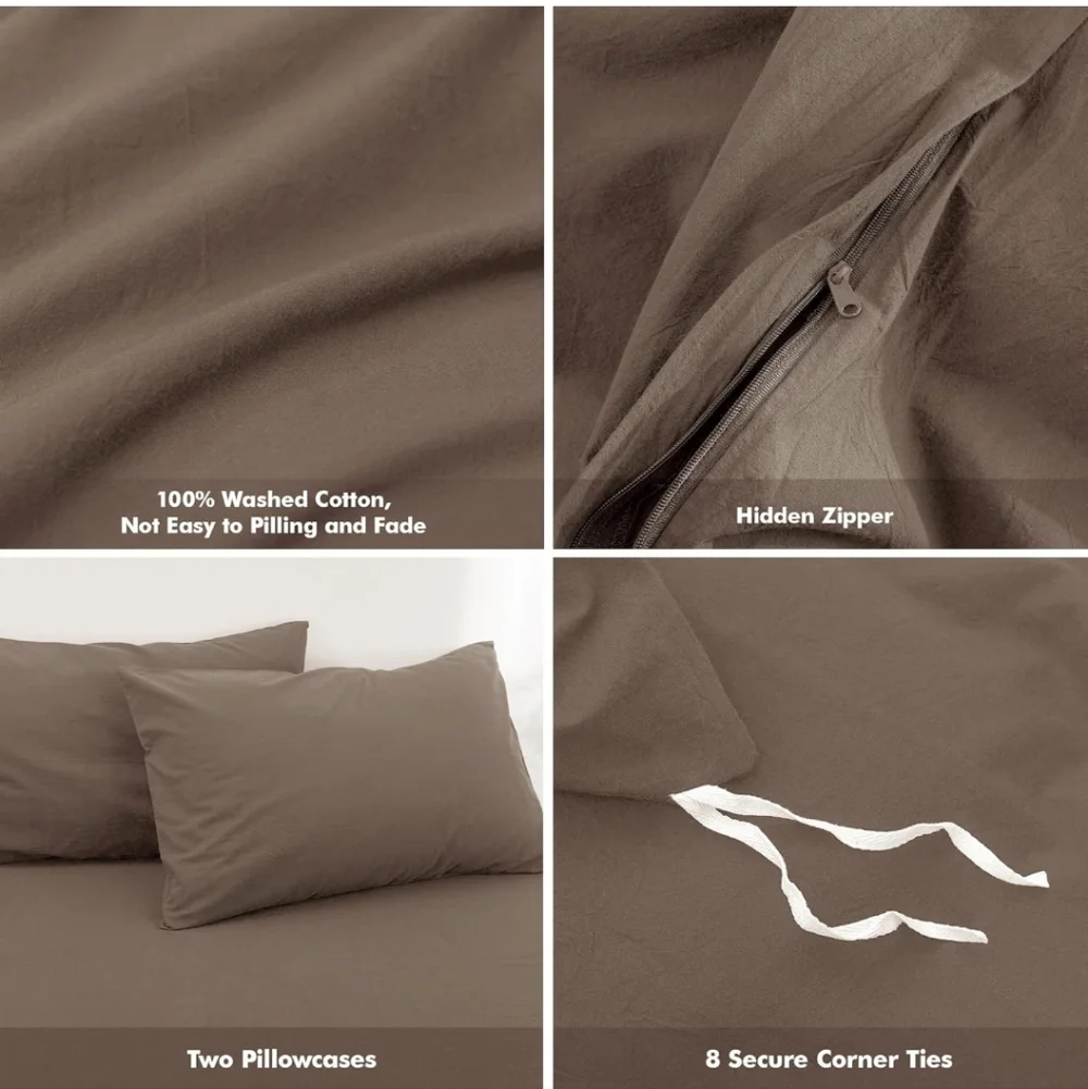 FOSSA Duvet Cover Set 100% Washed Cotton Linen Feel Super Soft Breathable Cozy Q
